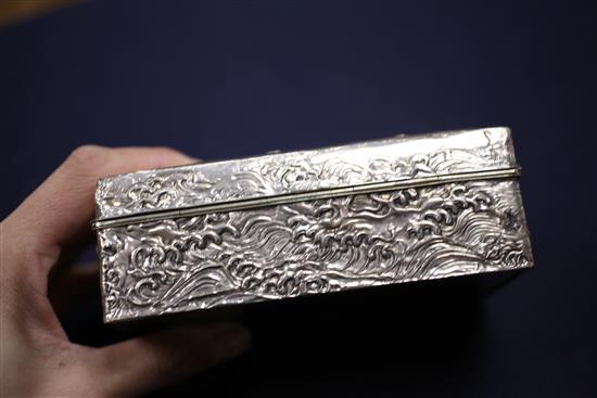 An early 20th century Japanese silver mounted hardwood cigarette box, 5.5in.